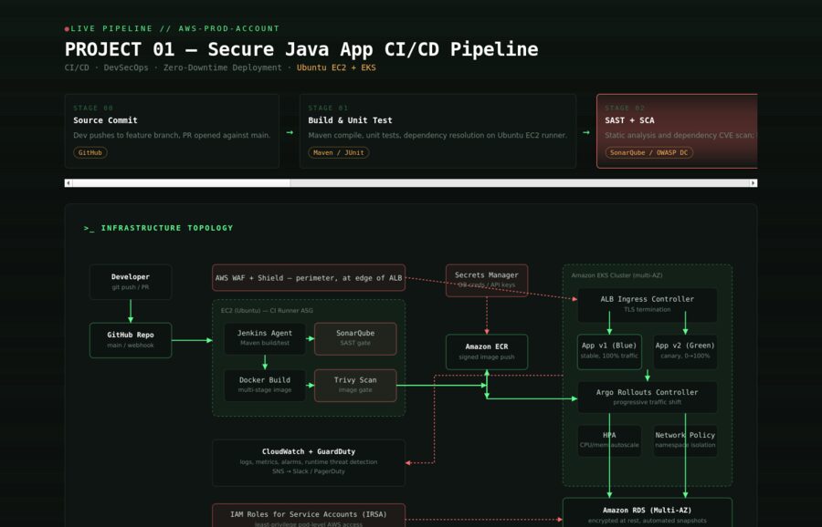 Architecture diagram of a secure Java CI/CD pipeline with SAST, image scanning and blue/green EKS deployment
