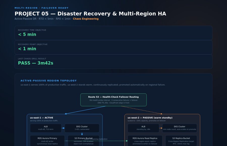 Active-passive multi-region disaster recovery topology with Route 53 failover routing and cross-region replication