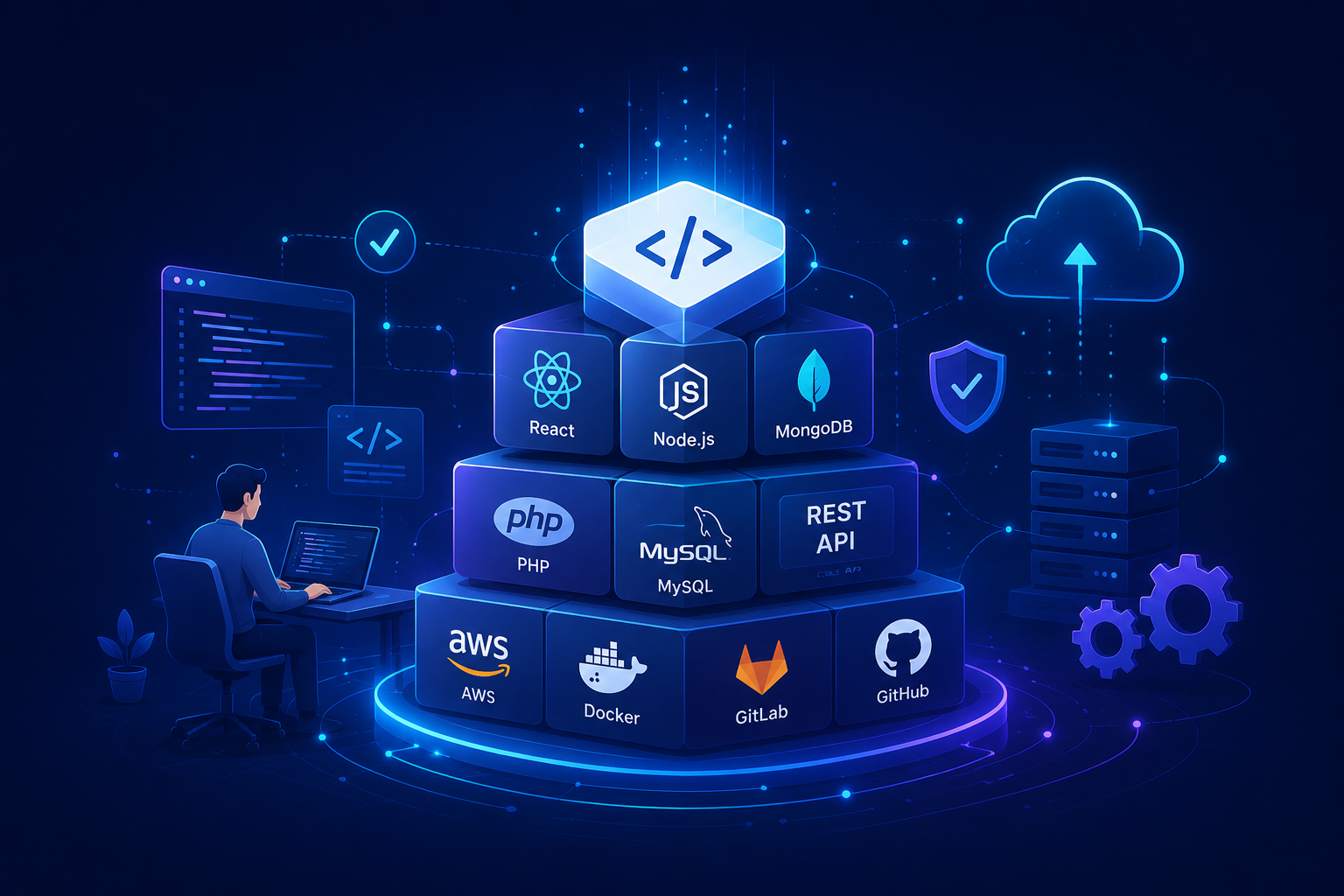 OrbitAvanya Tech technology stack — React, Node.js, MongoDB, PHP, MySQL, AWS, Docker